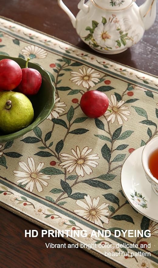 ISAENNE Designer Green Elegant Linen Table Runner 71 Inches Long,Flower and Leaves Pattern Wrinkle Resistant Table Runners for Dining Tables,Thanksgiving,Kitchen Tables,Christmas,12"*71"-Brune