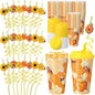 Yungyan 24 Sets Honey Bee Party Favors Goodie Cups with Lids and Straws for Birthday Decorations Reusable 16oz Plastic Candy Cups Plastic Straws for Birthday Party(Bee)