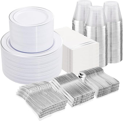 NOCCUR 700PCS Silver Plastic Plates Disposable for 100 Guests - Include 100 Dinner/Dessert White Plastic Plates with Silver Trim,300 Cutlery,100 Cups,100 Napkins for Party&Christmas