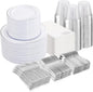 NOCCUR 700PCS Silver Plastic Plates Disposable for 100 Guests - Include 100 Dinner/Dessert White Plastic Plates with Silver Trim,300 Cutlery,100 Cups,100 Napkins for Party&Christmas