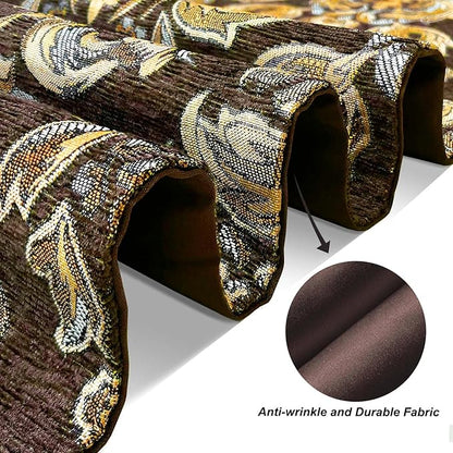 Sophisticated Jacquard Dark Brown Chenille Table Runner with Bling Gold Embroidered 13x84 inches