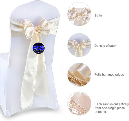 MDS Pack of 300 PCS Satin Chair Sashes Charmeuse Sateen Dining Chair Bows Ribbon Ties Back Sash for Wedding Party Birthday Home Hotel Restaurant Banquet Decoration (7 x 108 Inch, Cream)