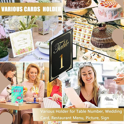Table Number Place Card Playing Card Holders 60 Pack, Small Clear Acrylic Business Card Holder Stand for Display Paper Game Piece Picture Clip Price Board Photo Memo Menus Label Stand Party, 0.75in