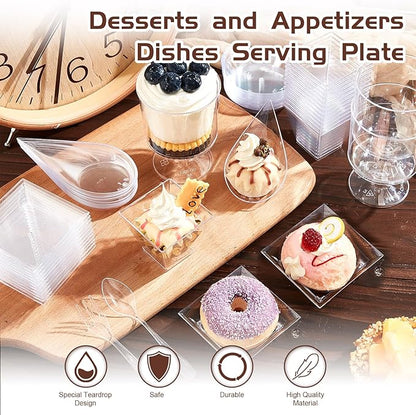 Tessco for you 160 Pcs Mini Appetizer Plates Dessert Cups Spoons Forks Set Dessert Containers Assorted Shape Plastic Parfait Cups Disposable Spoon Forks for Party Serving (Clear)