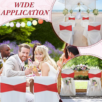 Moukeren 100 Pcs Spandex Chair Sashes Bows Bands Slider Sashes for Chair Covers Elastic Bands Ties Ribbon Decorations for Wedding Party Events Ceremony Birthday Banquet(Red)