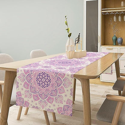 Purple Pink Mandala Table Runner, Traditional Indian Boho Mandala Flowers Print Table Runne for Kitchen Dining Table Office Wedding Party Holiday Home Decor, 13x36inch