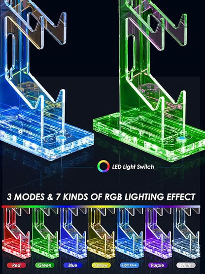 OAPRIRE Headset and Controller Stand with Lights, 3 Tier Acrylic Game Controller Holder, Controller and Headset Stand for Desktop,Universal Design Compatible with PS5/PS4/XBOX/SWITCH (Clear)