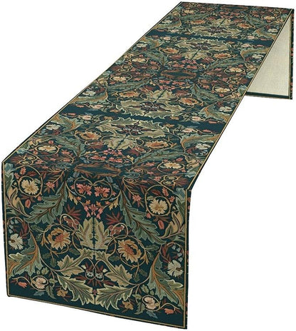 Green Morris Floral Table Runner, Boho Rustic Country Farmhouse Teal Red Rose Pattern for Home Kitchen Table Decor Dining Coffee Room Party Decor 13x36in