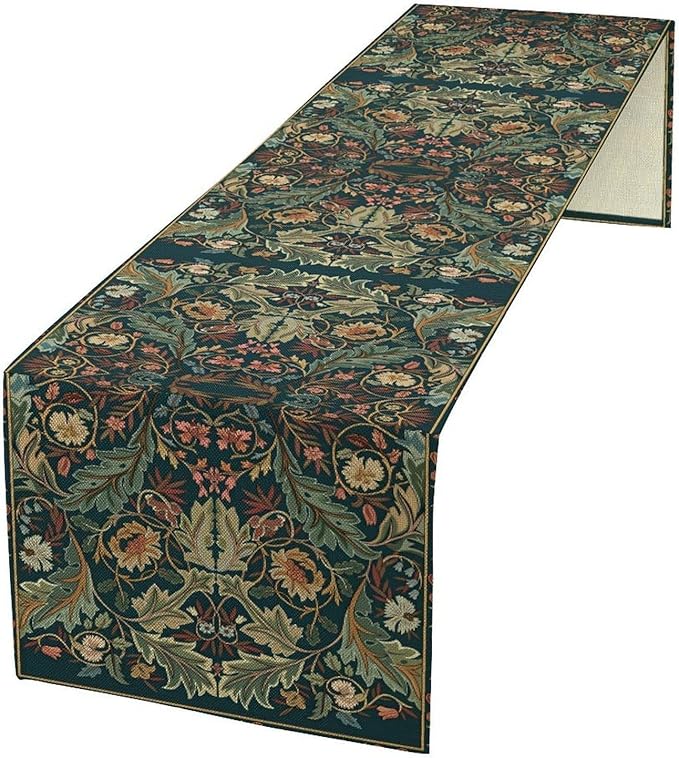 Green Morris Floral Table Runner, Boho Rustic Country Farmhouse Teal Red Rose Pattern for Home Kitchen Table Decor Dining Coffee Room Party Decor 13x72in