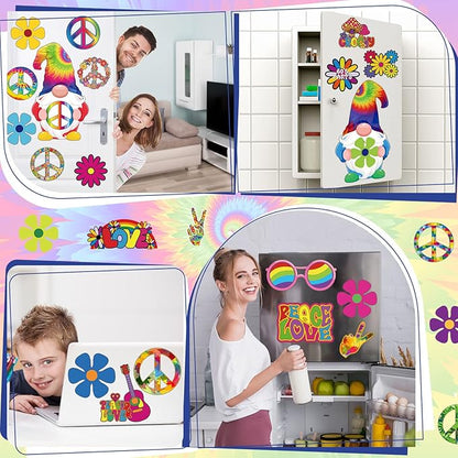 25 Pieces Car Magnet Decorations 60s Hippie Theme Party Magnetic Decals Fridge Magnets Flower Peace Car Magnetic Sticker Love Sign Colorful Hippie Decals for Refrigerator Mailbox Decor