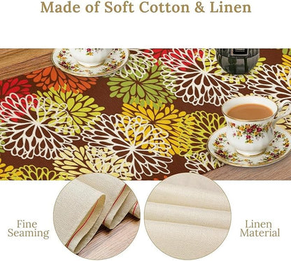 Brown Dahlia Floral Table Runner, Seasonal Autumn Thanksgiving Pattern Print for Home Kitchen Table Decor Dining Coffee Room Party Decor 13x90 Inch
