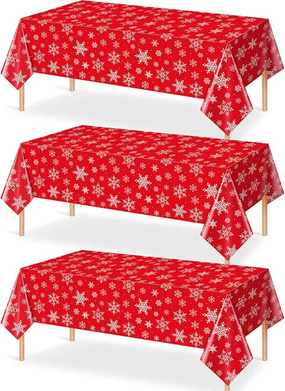 Jectivs 3 Pieces Christmas Snowflake Plastic Party Tablecloth Decorations,White Snowflake Red Xmas Backdrop Sign Table Cover Banner for Winter Christmas Holiday Party Supplies,54x108 inch (Red)