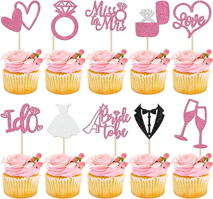 30 PCS Bride to Be Cupcake Toppers Glitter Miss to Mrs I Do Love Heart Ring Cupcake Picks Wedding Bridal Shower Cake Decorations for Wedding Engagement Bachelorette Party Supplies Pink