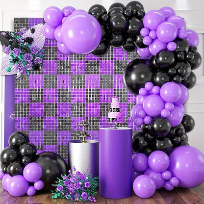 24PCS Black Purple Shimmer Wall Backdrop, Square Sequin Photo Backdrops Panel, Glitter Wall Background for Birthdays, Weddings, Christmas, Engagements, Halloween Party Decor (4FTx6FT)