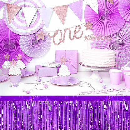 3 Pack 29 x108 Inch Purple Foil Fringe Table Skirts Metallic Banner for Tinsel Streamer Garland Backdrop for Parade Floats Mother's Day, Graduate, Birthday, Wedding Party Decoration
