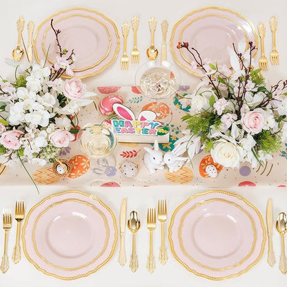 Hioasis 60pcs Pink Plastic Plates - Pink and Gold Disposable Dinnerware with Gold Rim, Heavy-duty, 10.25 inch, Dinner Plates for Party & Wedding