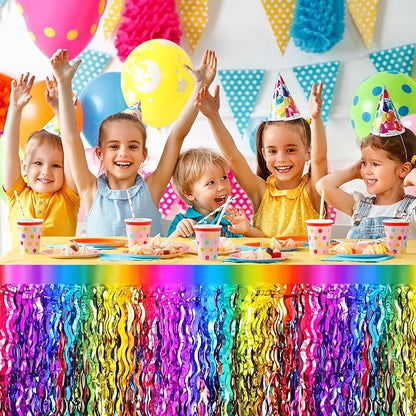 4P Wavy Metallic Tinsel Foil Fringe Table Skirts for Rectangle Tables Backdrop Garland Curtains for Parade Floats Wedding Birthday Parties Decoration Graduation 2025 Christmas (Rainbow)