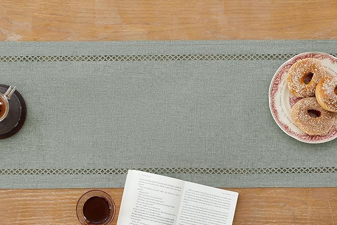 Burlap Style Farmhouse Table Runner, 13 x 48 Inch Grey, Rustic Geometric Hollow Table Runners 48 Inches Long for Dresser Table Everyday Use, 13x48 Inches, Grey