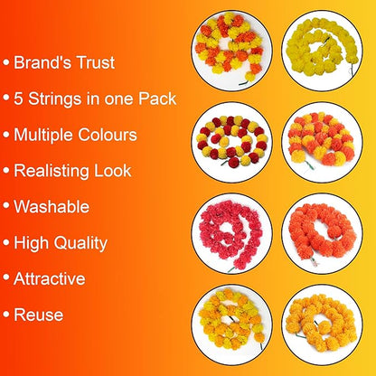 Artificial Marigold Flower Garland for Diwali Decoration, Weddings, Parties Events, Pooja Festival - Traditional Indian Decoration (Orange 5 PC | 4 to 4.5 ft) Hashcart®