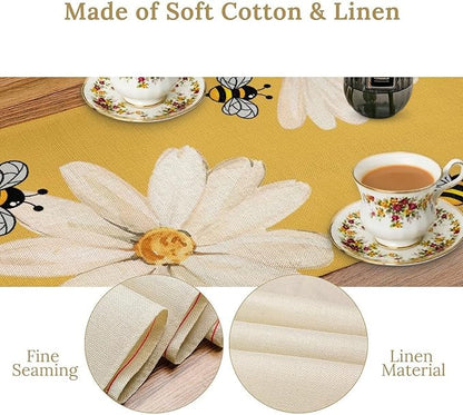 Daisy Flower Table Runner, Summer Spring Seasonal Watercolor Wildflower Yellow Bee Print Table Cover for Home Party Decor Kitchen Dining Table, 13x90inch