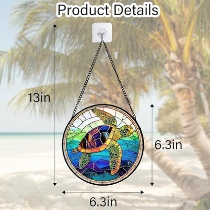 Stained Glass Window Hanging, Colored Turtle Ocean Suncatcher Diamond Glass Panel Hangings Marine Life Sun Catchers Decor for Birthday for Women, Men, Wife, Aunt, Mom 6.3 in
