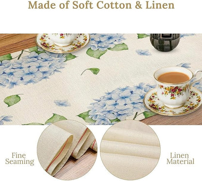 Watercolor Hydrangea Flower Table Runner, Spring Summer Seasonal Plants Butterfly Blue Dinner Runner for Home Kitchen Dining Table Party Holiday Decoration 13"x36"