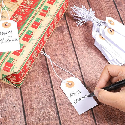 Prudiut 100 Pack Gift Tags with Elastic String White Price Tags Marking Hang Tag Attached Reinforced Hole Writable for Christmas Gifts Inventory Tag Stocking Stuffers 2.75'' x1.37''