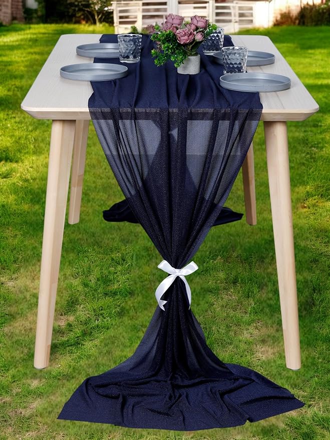 MDS 20 Pack 10ft Chiffon Table Runner 29 x 120 Inches Sheer Wedding Runner Romantic Rustic Table Runner for Wedding Decorations, Birthday Parties, Bridal Shower Party Arch Decor - Navy Blue
