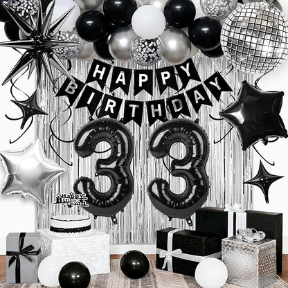 33rd Birthday Decorations for Men Women, Black Silver Happy Birthday Party Decorations， 33 Year Old Party Supplies with Number 33 Balloons, Banner, Fringe Curtains Kit