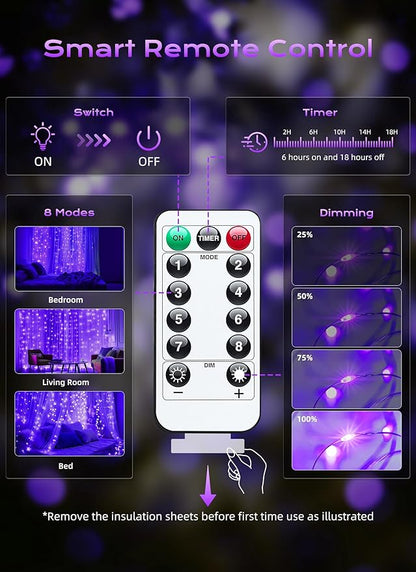 Brightown 300 LED Purple Fairy Curtain Lights, 9.8ft x 9.8ft Curtain String Lights, USB Plug in 8 Lighting Modes LED Christmas String Hanging Lights with Remote for Bedroom Indoor Outdoor Weddings