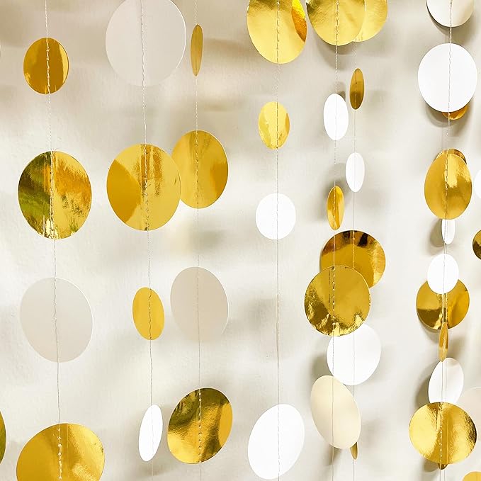 46 Feet White and Gold Circle Dots Garland Hanging Paper Polka Dots Streamer for Birthday Bachelorette Engagement Anniversary Wedding Baby Bridal Shower Christmas Holiday Party Decorations Supplies