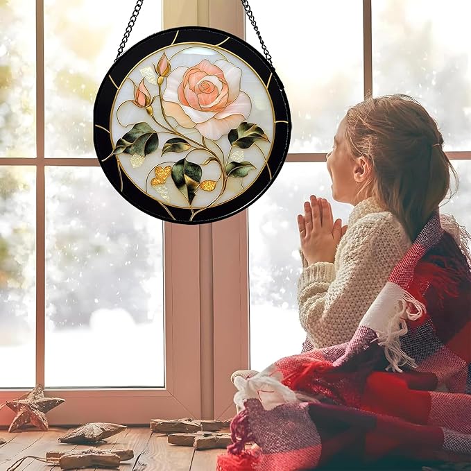Stained Glass Window Hanging - Black White Pink Rose Sun Catcher for Door Home Decor Flower Suncatcher Christmas Mother's Day Birthday Gifts for Women Men Lovers Mom Nana 15 in
