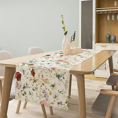 Floral Butterfly Table Runner,Rustic Colorful Flower Botanical Watercolor Pattern Print Burlap for Hotel Indoors Outdoor Dining Room Kitchen Holiday Party, 13x90in