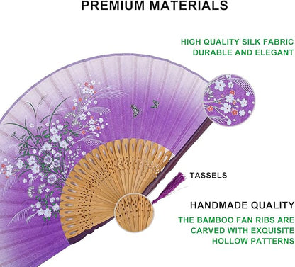 Amajiji 8.27"(21cm) Hand Held Bamboo Silk Folding Fan Hand Fan,Chinese/Japanese Charming Elegant Vintage Retro Style,Women Ladys Girls Best Gifts (Purple Grassflower)