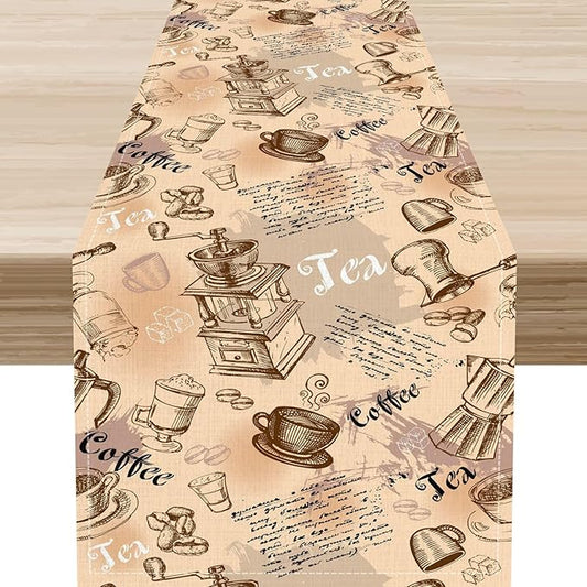 Coffee Theme Table Runner, Rustic Farmhouse Coffee Cup Tea Party Cafe Table Center Decor for Home Kitchen Dining Patio Holiday Party Indoor Outdoor Table Decorations,13"x36" Inch