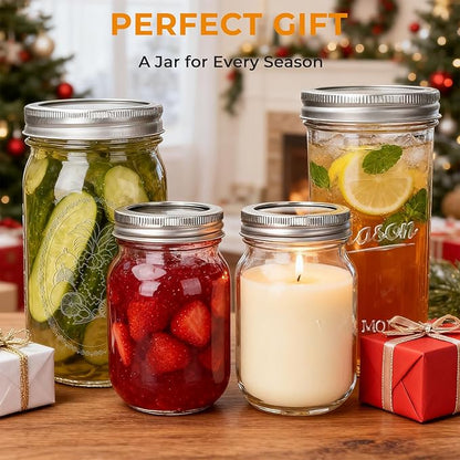 CycleMore Mason Jars Bundle, 12 Pack J Canning Jars With Bands and Lids, Ideal for Jam, Honey, Wedding/Shower Favors, DIY & Oats - 32 OZ x 4, 24 OZ x 4, 16 OZ x 4 (16oz - 24oz - 32oz)