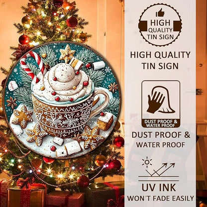 Round Christmas Signs Hot Cocoa Bar Metal Tin Sign Christmas Decor For Home Vintage Christmas Coffee Cocoa Tin Sign Hot Chocolate Bar Sign 12 * 12 in