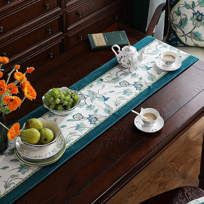 patdrea Designer Elegant French Floral Velvet Table Runner, Teal with Blossoms Pattern Table Mat, Decoration for Kitchen Dining Coffee Table Shelf Cabinet Banquet Thanksgiving,12"*87"