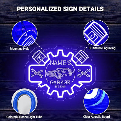 Custom Garage Neon Sign for Wall Decor, Personalized LED Garage Name Signs for Father's Day Gifts, Customized Dimmable Neon Lights for Workshop Carport Repair Shop Carbarn Man Cave Business