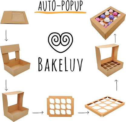 BAKELUV Brown 12 Cupcake Boxes, Cupcake Containers | 13x9.5x4, 25 Pack | 12 Cupcake Box Bulk, Cupcake Boxes 12 Count Carrier, Option to 14x10x4 Bakery Boxes with Window, ¼ Sheet Cake Box 13x9 Inches