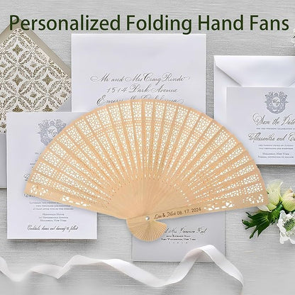 100Pcs Wedding Fans Personalized Folding Hand Fans Custom Sandalwood Wedding Fans with Organza Bags Wedding Party Favor Wedding Fans for Guests (50)