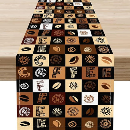 Coffee Theme Table Runner, Rustic Farmhouse Coffee Cup Latte Cappuccino Tea Party Cafe Table Center Decor for Home Kitchen Dining Patio Holiday Party Indoor Outdoor Table Decorations, 13"x90" Inch