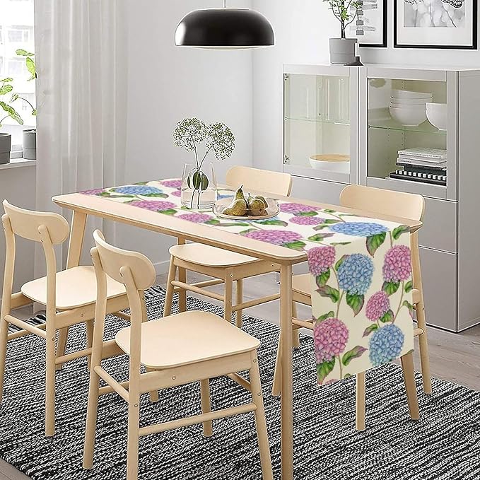 Spring Hydrangea Flower Table Runner, Seasonal Summer Plants Watercolor Pink Purple Florals Dinner Runner for Home Kitchen Dining Table Party Holiday Decoration 13"x70"