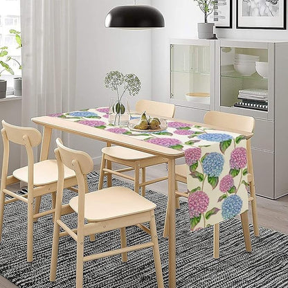 Spring Hydrangea Flower Table Runner, Seasonal Summer Plants Watercolor Pink Purple Florals Dinner Runner for Home Kitchen Dining Table Party Holiday Decoration 13"x90"