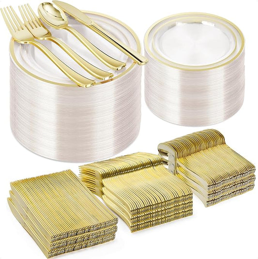 600PCS Clear Gold Plastic Plate Set (100 Guests), Plastic Plates for Party Wedding Birthday, Disposable Dinnerware Set of 200 Plates, 200 Forks, 100 Spoons, 100 Knives for Christmas
