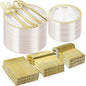 600PCS Clear Gold Plastic Plate Set (100 Guests), Plastic Plates for Party Wedding Birthday, Disposable Dinnerware Set of 200 Plates, 200 Forks, 100 Spoons, 100 Knives for Christmas
