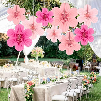 SUNBEAUTY Paper Decoration, Set of 9 - Hot Pink Flower Hanging Ornaments, Party Fans & Floral Backdrop for Weddings, Baby Showers, Birthdays & More