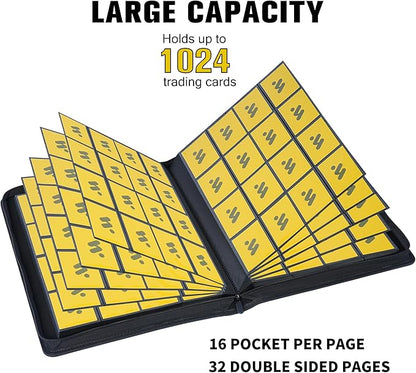 Premium 1000+ Pockets Card Binder,16 Pockets Trading Card Binder Ringless Side Loading Trading Card Album Folder for TCG -Yellow