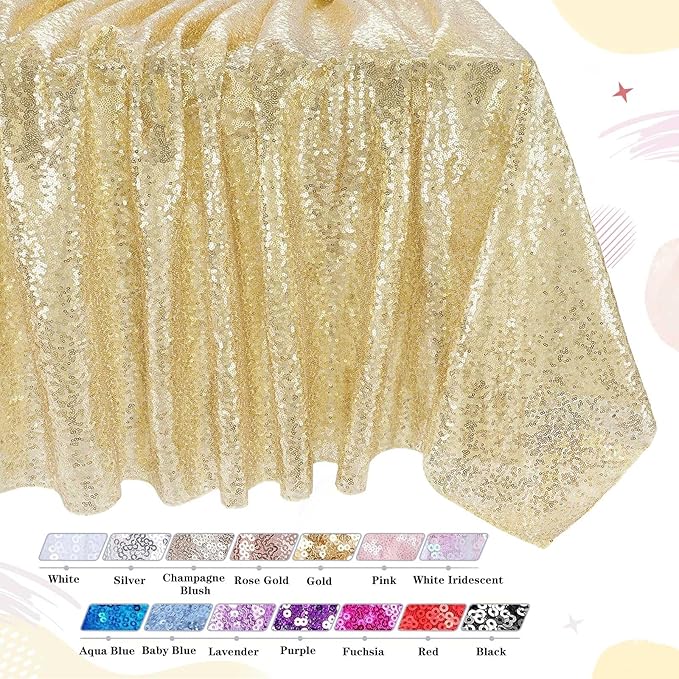 QueenDream Light Gold Party Decorations Sequin Tablecloth: Glitter Overlay 90x90 Inch Table Drapes for Banquet Wedding Theme Party Planners