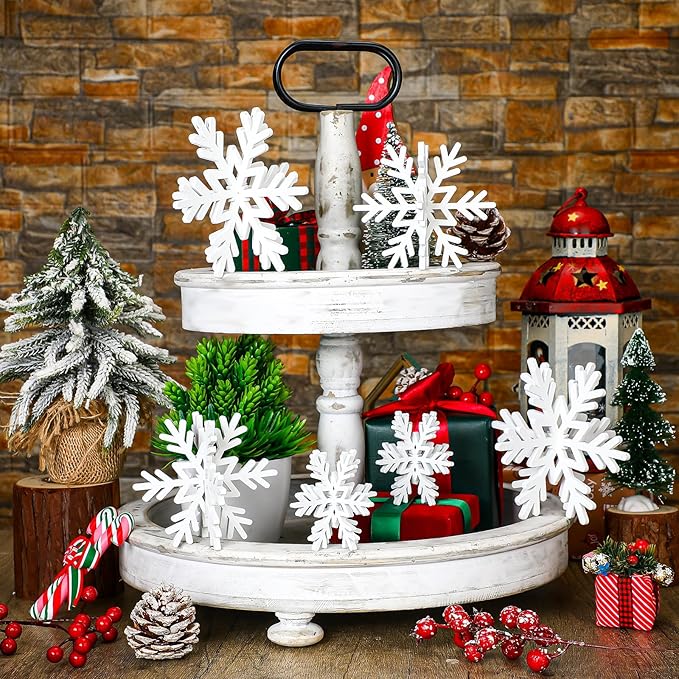 Qunclay 20 Pcs Wooden Snowflake Decorations 3D Snowflake Tabletop Decor Christmas Signs and Centerpiece for Winter Wonderland Decorations Xmas Tiered Tray Decor(White)